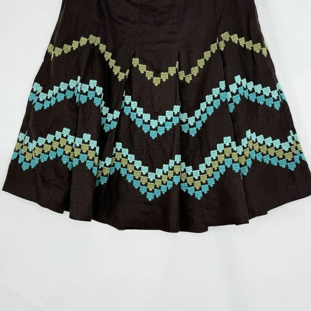 Ann Taylor LOFT Women Brown Linen Pleat Skirt Embroidered Pattern Size 2P Linen